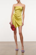 Citron silk strapless mini dress with ruched draped bodice and gathered waist