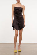 Brown silk strapless draped mini dress with ruching