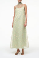ALBEE sleeveless midi dress in botanical moss green with leafy print, round neckline