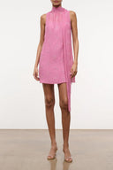 Pink sleeveless mini dress with embroidered detailing and asymmetrical tie hem