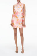 Sleeveless floral mini dress with high rounded neckline, watercolor pastel print