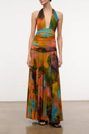 Halterneck sleeveless maxi dress with multicolor abstract print