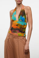 ALESSANDRA sleeveless halter top with vibrant tropical floral print and ruched front