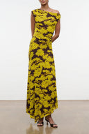 Yellow off-shoulder maxi dress with dark floral print