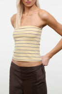 Bandeau tank top with cream base and thin navy stripes