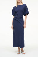 Navy midi dress with short batwing sleeves and draped waist