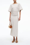 Natural linen midi dress with short sleeves, boat neck, and draped waist