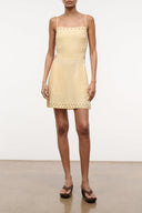 Stud-trim linen slip dress, spaghetti straps, fitted mini length