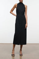 Black sleeveless button-front midi dress, high neck