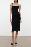 Black spaghetti-strap midi dress with draped ruched front and side slit