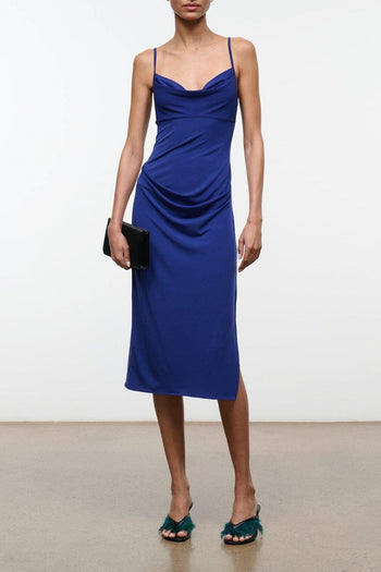 ASHE midnight midi dress with spaghetti straps, draped cowl neckline, fitted silhouette
