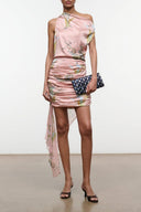 Pink silk mini dress with floral tapestry print, ruching at waist, sleeveless