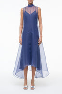 Navy sleeveless midi dress with high neckline and sheer overlay