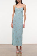 Light blue sleeveless maxi dress with spaghetti straps and small floral print