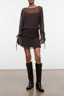 Beatrix Earth dress, dark sheer long sleeves with drawstring ties, ruched waist mini