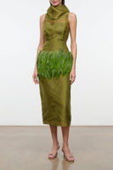 Olive sleeveless midi dress with green feather trim at the hem