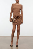 Cigar brown long-sleeve dress with draped ruched waist, above-knee hem