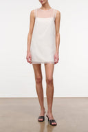 Ivory sleeveless mini dress with thin straps, square neckline and straight hem