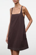 BRIO dark brown mini dress with studded square neckline straps and hem studs