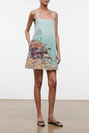 Brio dress with spaghetti straps, light blue sleeveless mini length, town-and-boat print