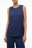 Navy sleeveless crew-neck top with straight hem