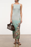 Sleeveless printed midi dress in light blue with multicolor cityscape hem