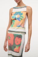 Sleeveless printed top with floral panels and striped neckline trim
