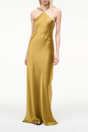 Gold satin halter maxi dress with wide straps and draped neckline detail