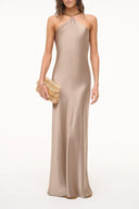 Beige halter maxi dress with draped neckline, sleeveless column silhouette