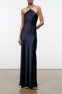 Navy halter satin maxi dress with thin neck tie straps
