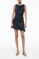 Black sleeveless mini dress with draped front and fitted waist