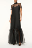 Black mesh yoke midi dress with short sleeves and layered tulle skirt