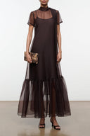 Dark brown mesh maxi dress with mock neck, short sleeves, and tiered tulle hem
