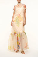 Floral-print maxi dress with short sleeves and tiered ruffled hem