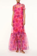 Magenta painted floral maxi dress with high neck and tiered ruffle hem