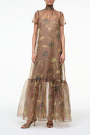 Vintage floral sheer maxi dress with short sleeves and tiered ruffle hem