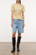 Light yellow striped short-sleeve top with wide neckline and draped front