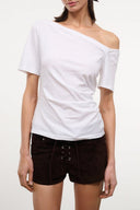 White asymmetrical off-shoulder top with short sleeves