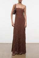 Brown sleeveless maxi dress with allover pattern, thin spaghetti straps