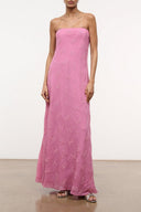 CASSIE dress in pink strapless maxi with textured fabric and allover pattern