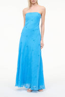 CASSIE dress: strapless maxi in light blue with subtle textured pattern