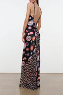 Silk maxi dress, multicolor circular print, spaghetti straps, open back