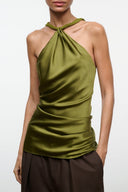 Silk halter top in olive green with draped cowl neckline and tie back