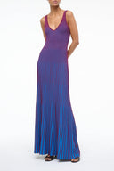 Sleeveless V-neck maxi dress in vertical stripe print, deep claret and royal blue