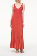 Red sleeveless V-neck maxi dress with vertical ribbed stripes
