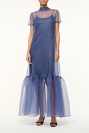Navy sheer tulle maxi dress with high neck, short sleeves, and tiered layered hem