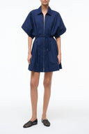 Navy short-sleeve shirt dress with collar, button front, and tied waist