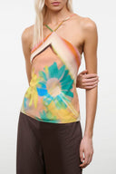 Cubism halter top with multicolor abstract floral print and tie-back straps