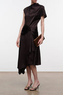 Silk midi dress in dark brown with draped detail, short sleeves, and asymmetrical hem