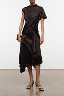 Brown silk wrap midi dress with tied waist and draped asymmetrical hem